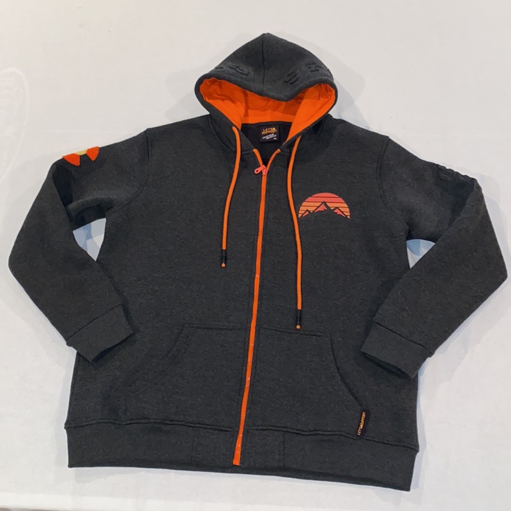 Let’s Support men’s grey and red raised  mountain full zip up hoodie size XL